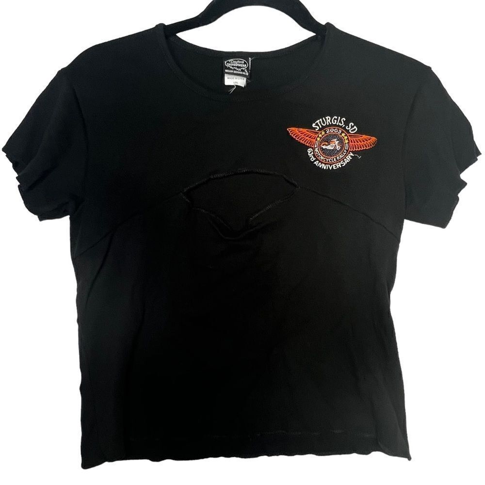 2003 Vtg Sturgis chest cut out Woman’s Harley Davidson T-shirt size L made in US